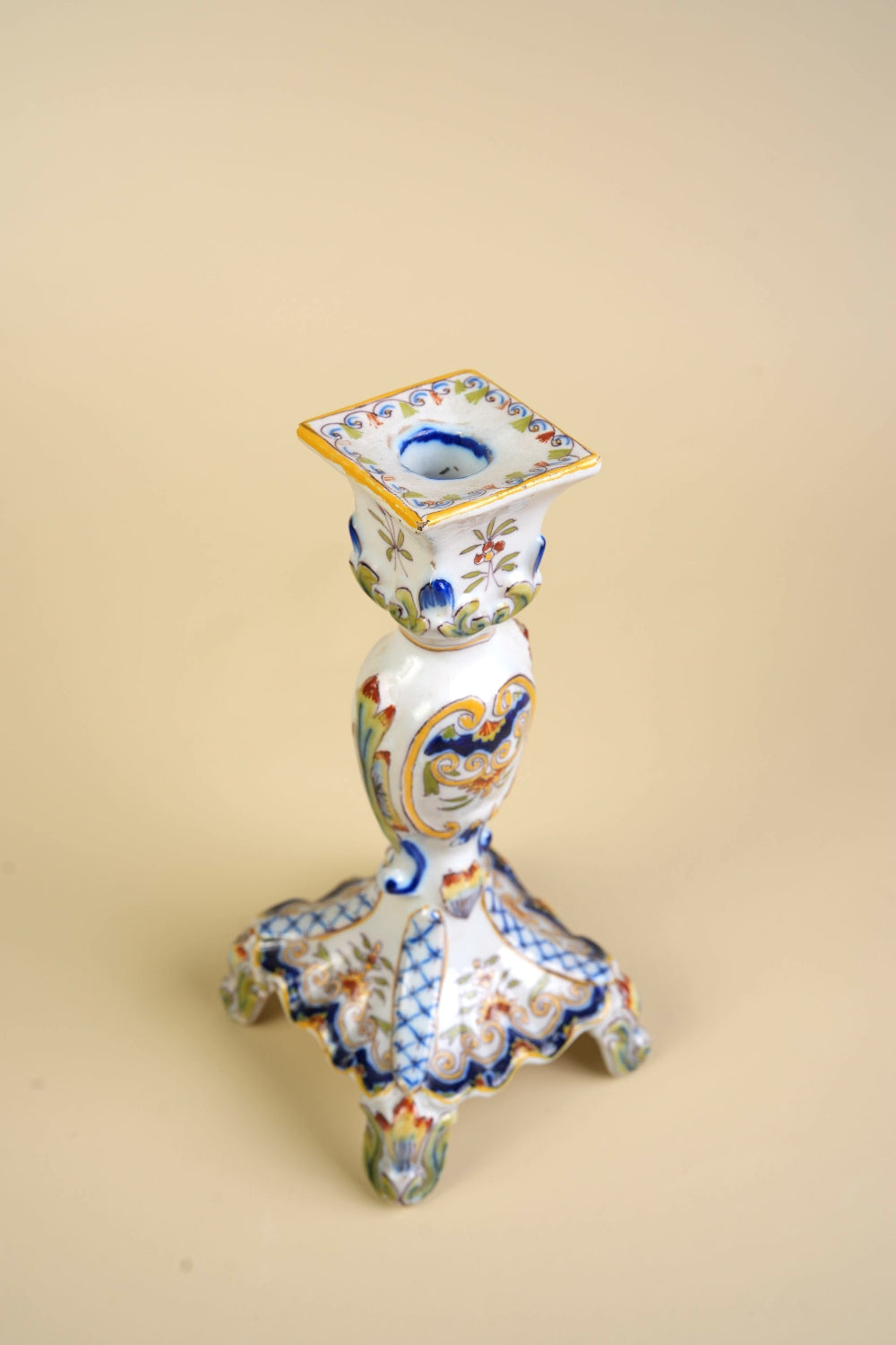 Preloved French Faience Rouen Hand-Painted Candlestick