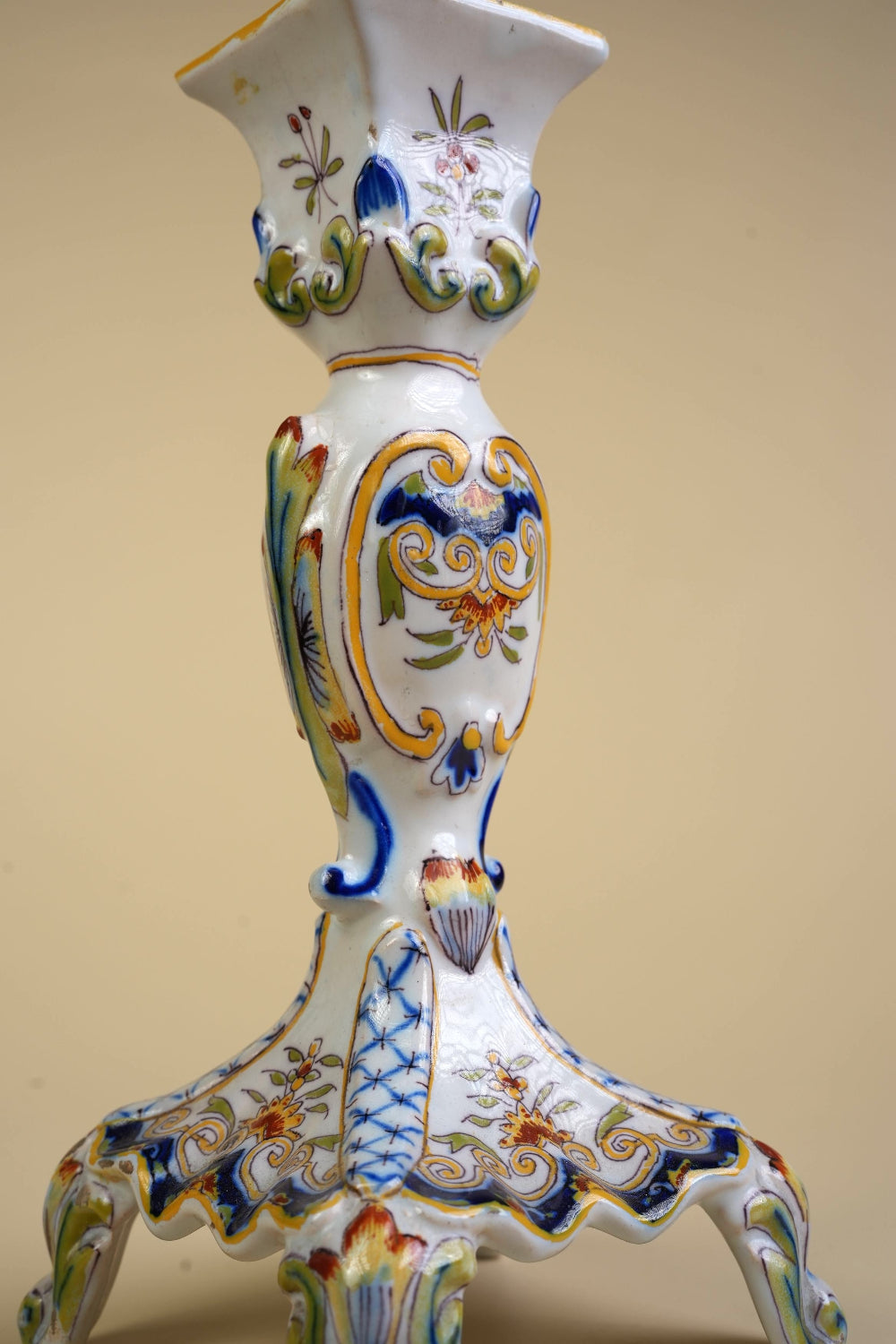 Preloved French Faience Rouen Hand-Painted Candlestick