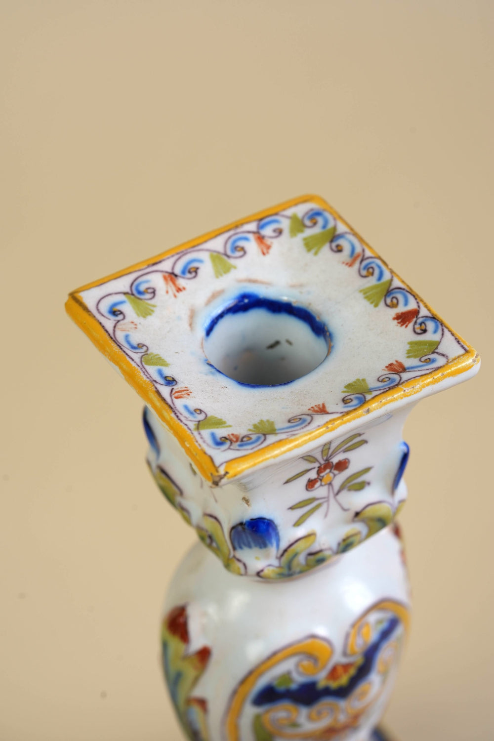 Preloved French Faience Rouen Hand-Painted Candlestick