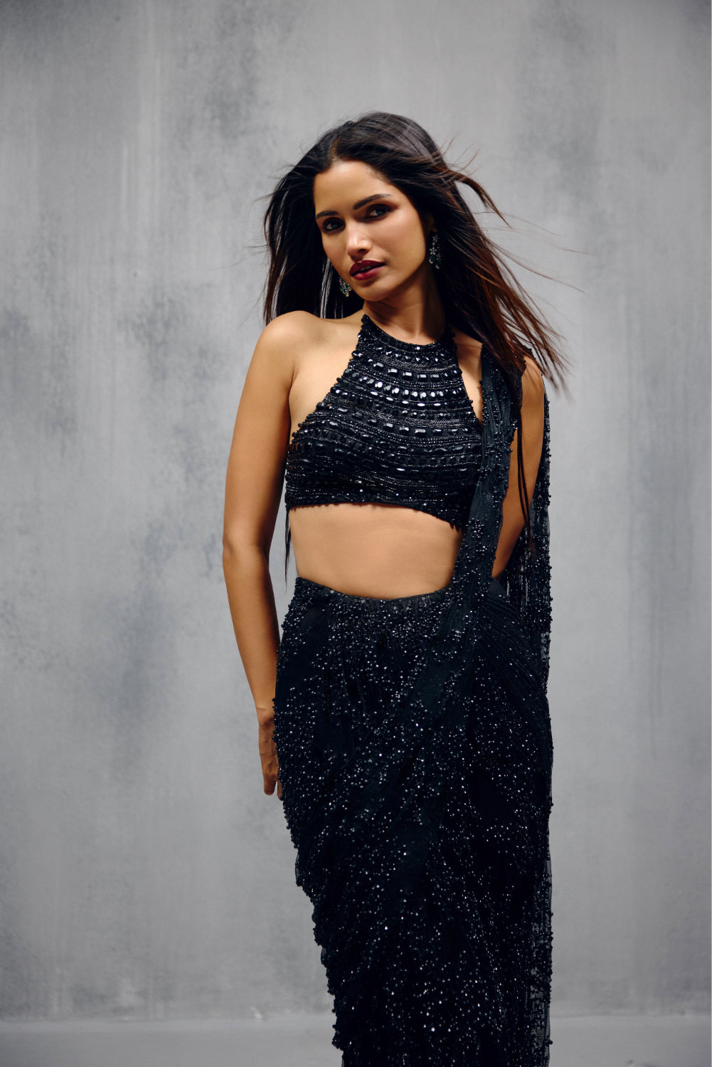 Black Stone Embellished Lace Saree Set