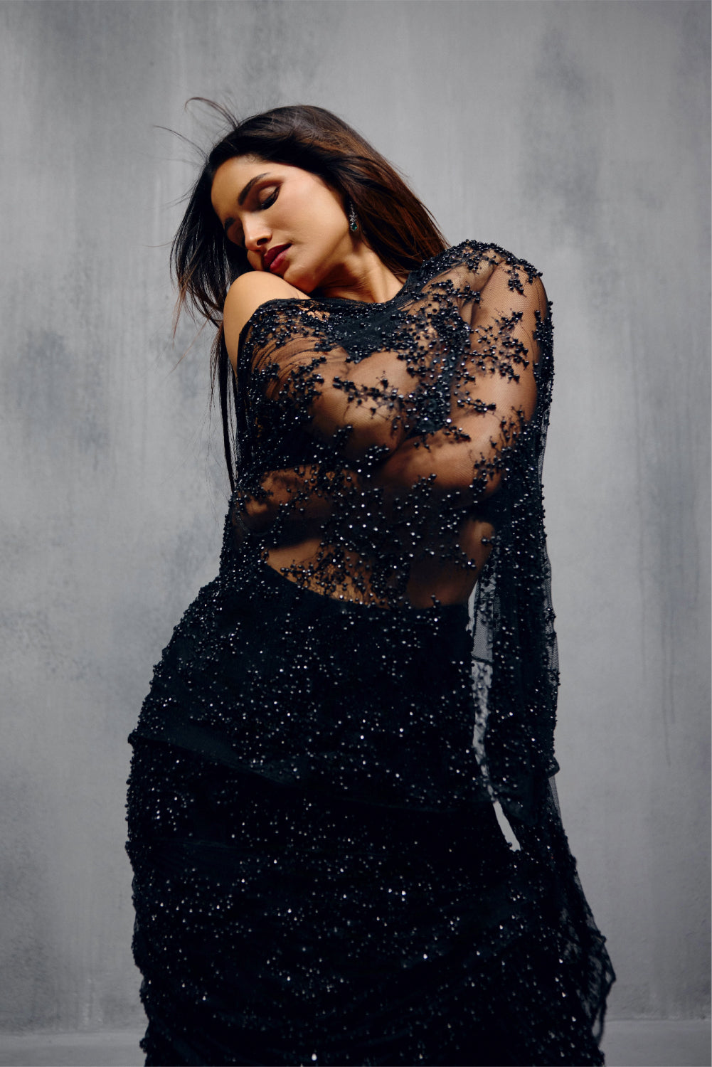 Black Stone Embellished Lace Saree Set