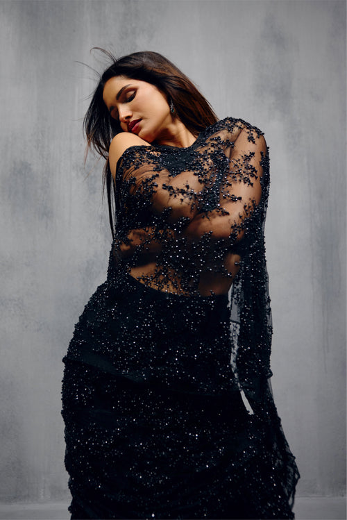 Black Stone Embellished Lace Saree Set