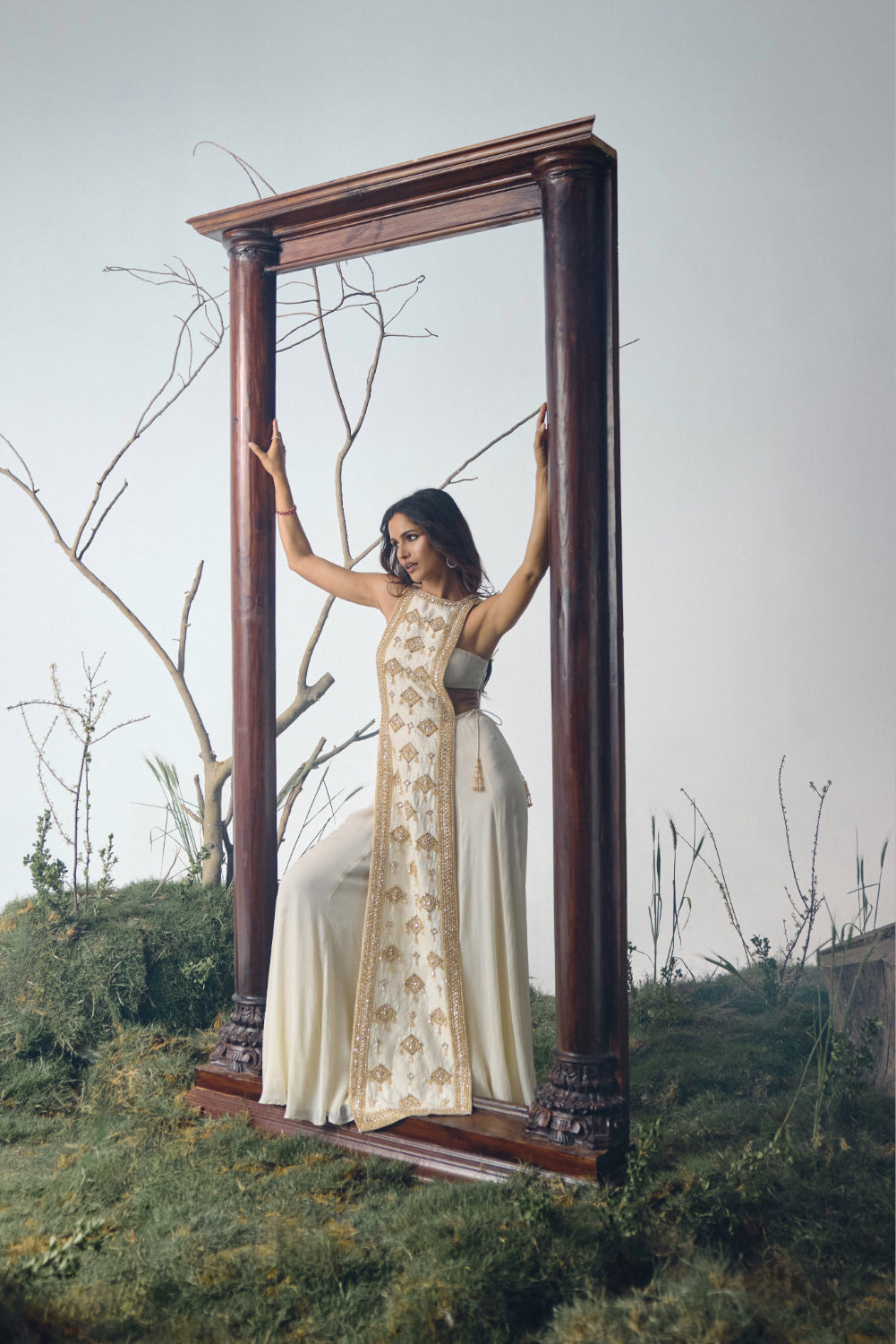 Ivory Embellished Chiffon Sharara Set