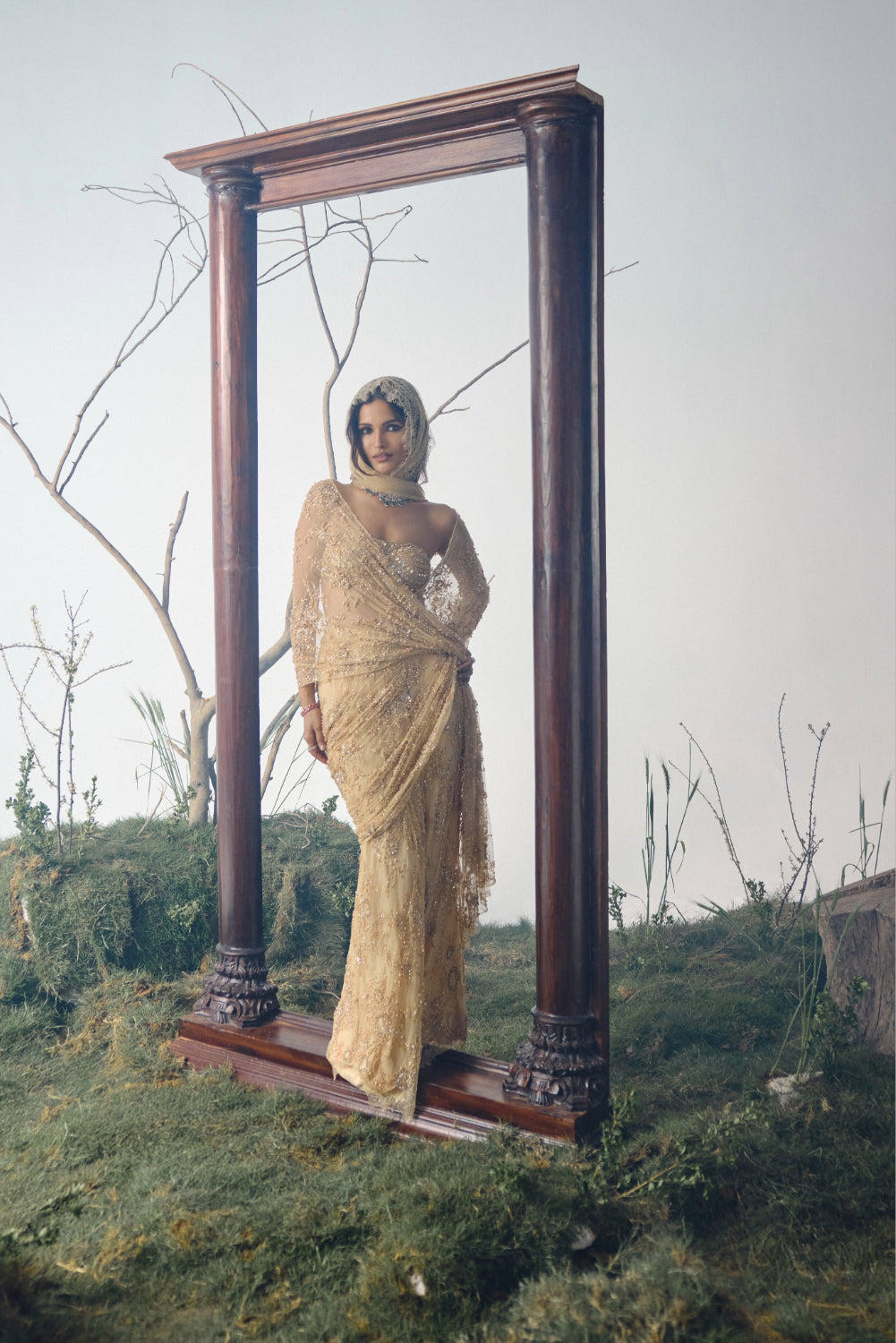 Gold Stone Embellished Lace Saree Set