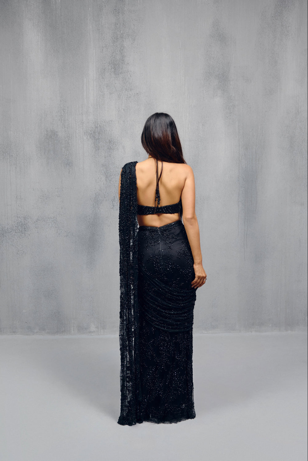 Black Stone Embellished Lace Saree Set