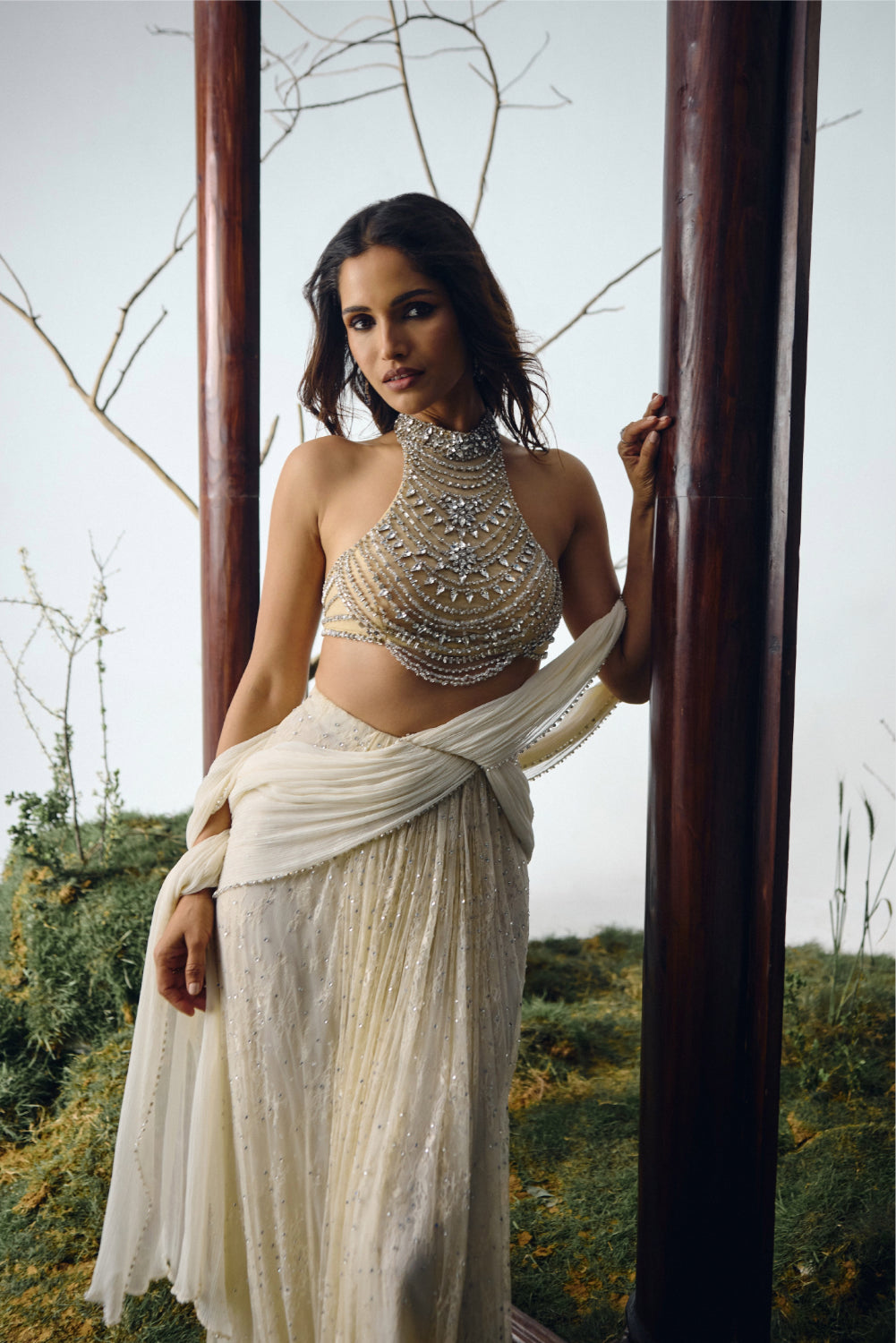 Ivory Crystal Embellished Lace Saree Set