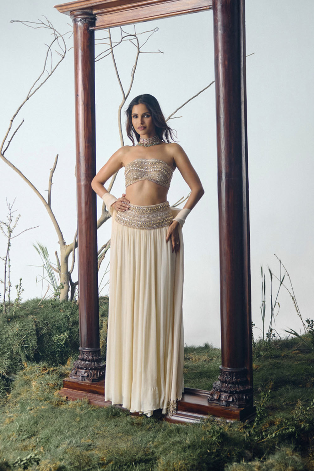 Ivory Stone Embellished Chiffon Lehenga Set