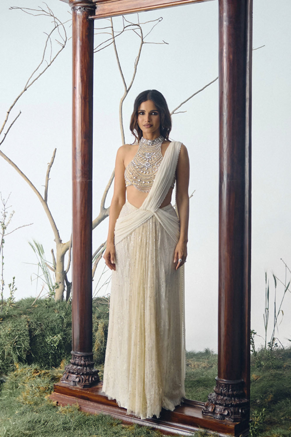 Ivory Crystal Embellished Lace Saree Set