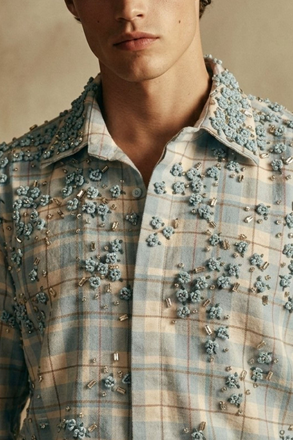 Powder Blue Plaid Shirt with Floral Embellishment