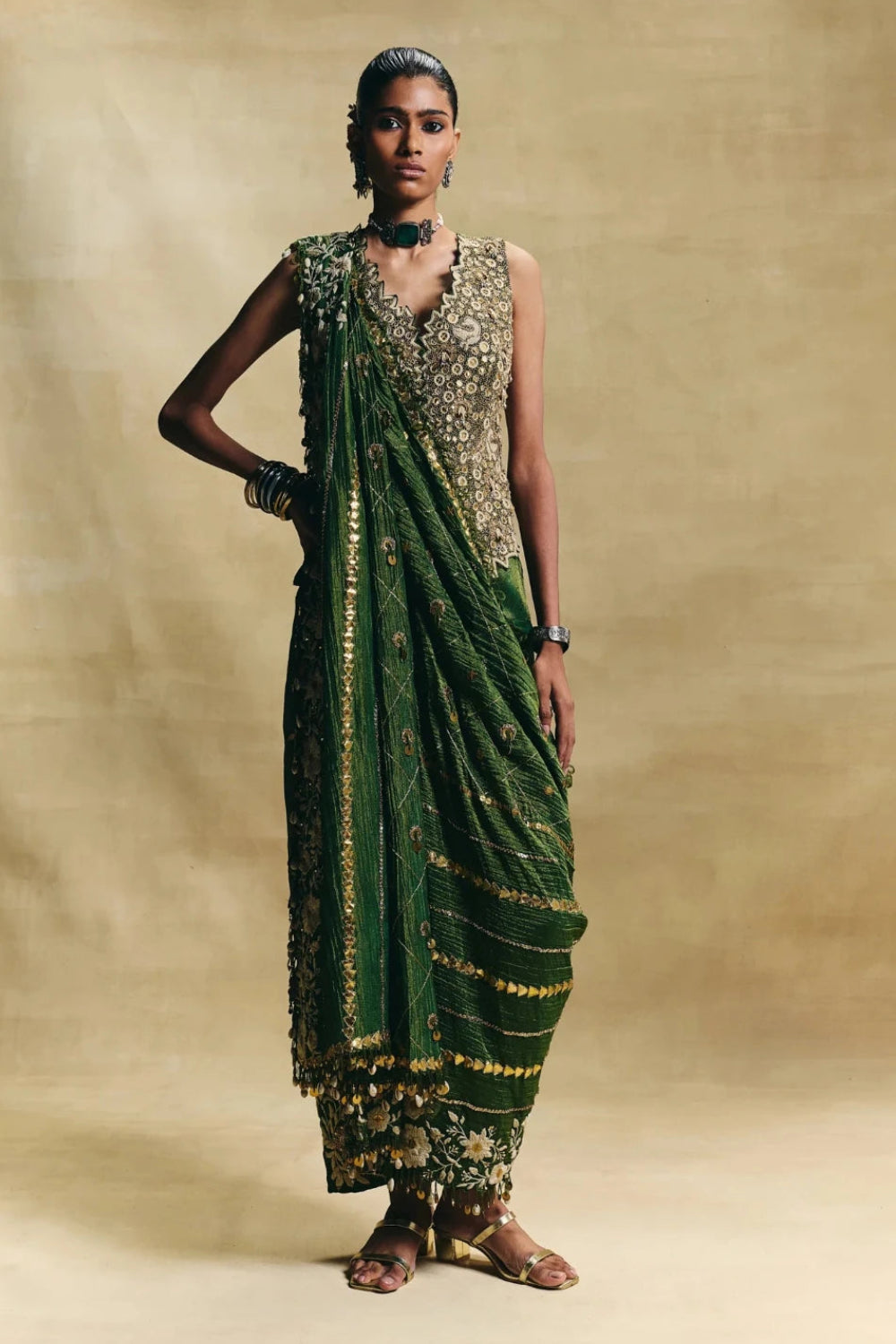 Green Waistcoat Saree Set