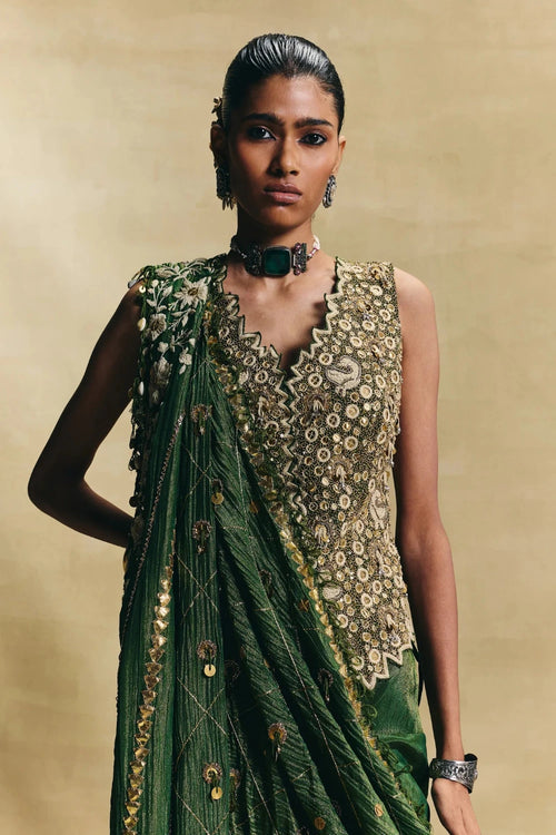 Green Waistcoat Saree Set