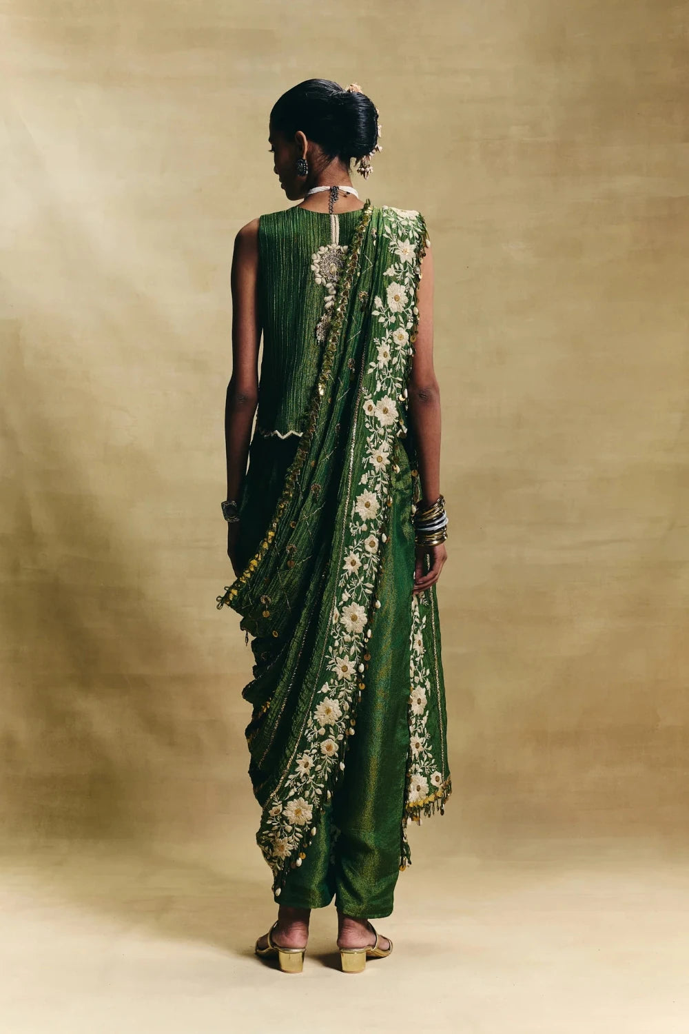 Green Waistcoat Saree Set