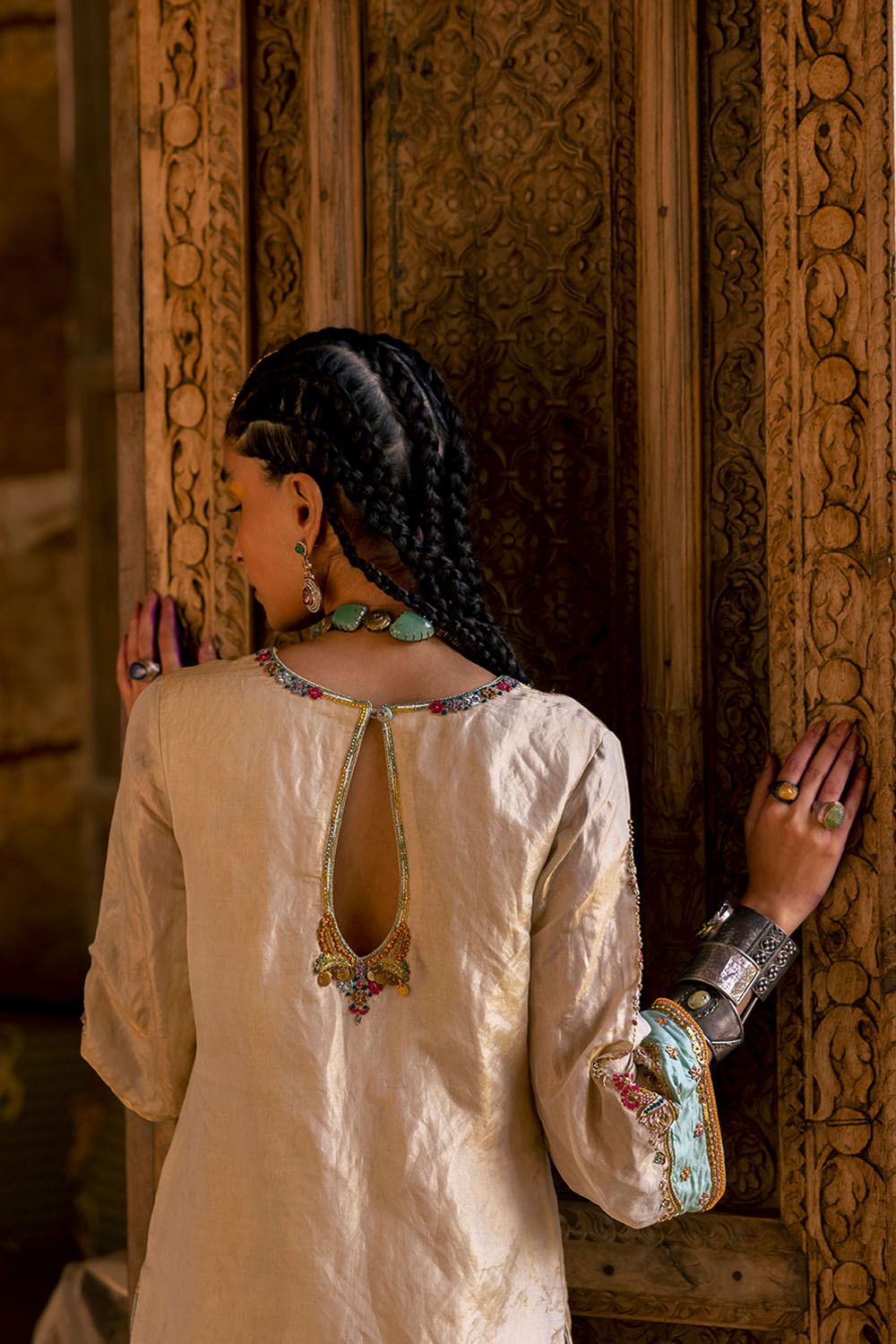 Fariba Ivory Golden Tissue Sharara Set