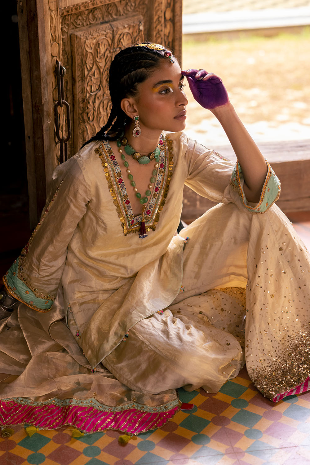 Fariba Ivory Golden Tissue Sharara Set