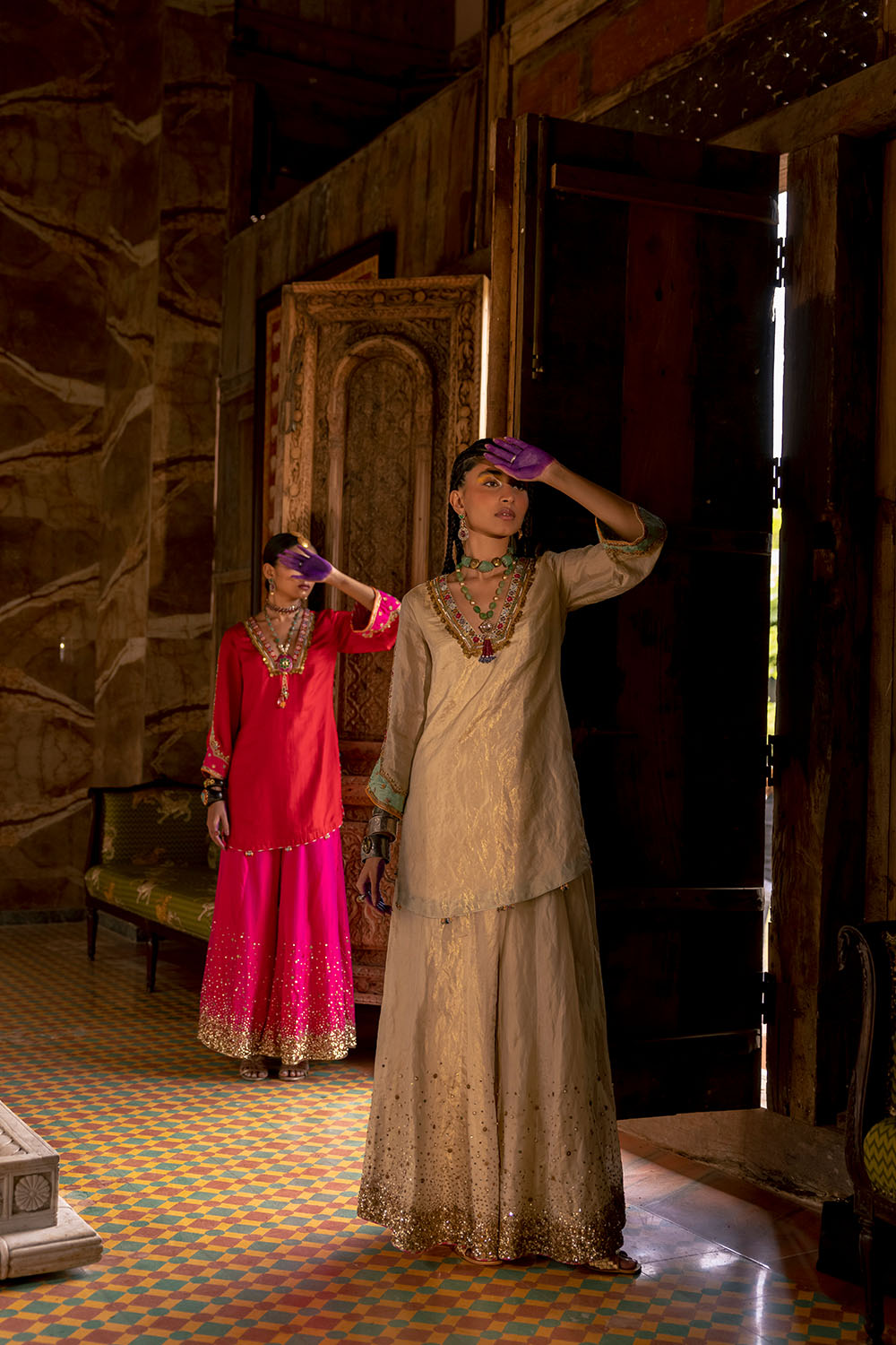 Fariba Ivory Golden Tissue Sharara Set