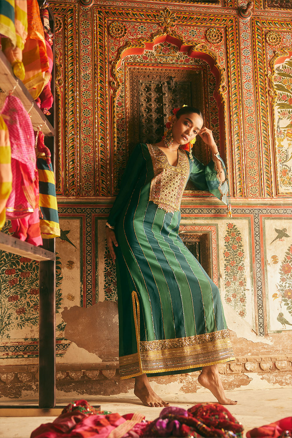 Khel Teal Green Stripe Kaftan Dress