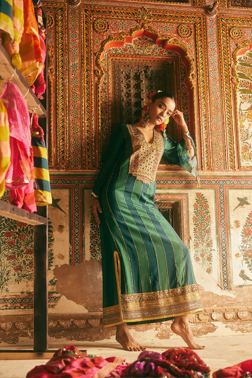 Khel Teal Green Stripe Kaftan Dress