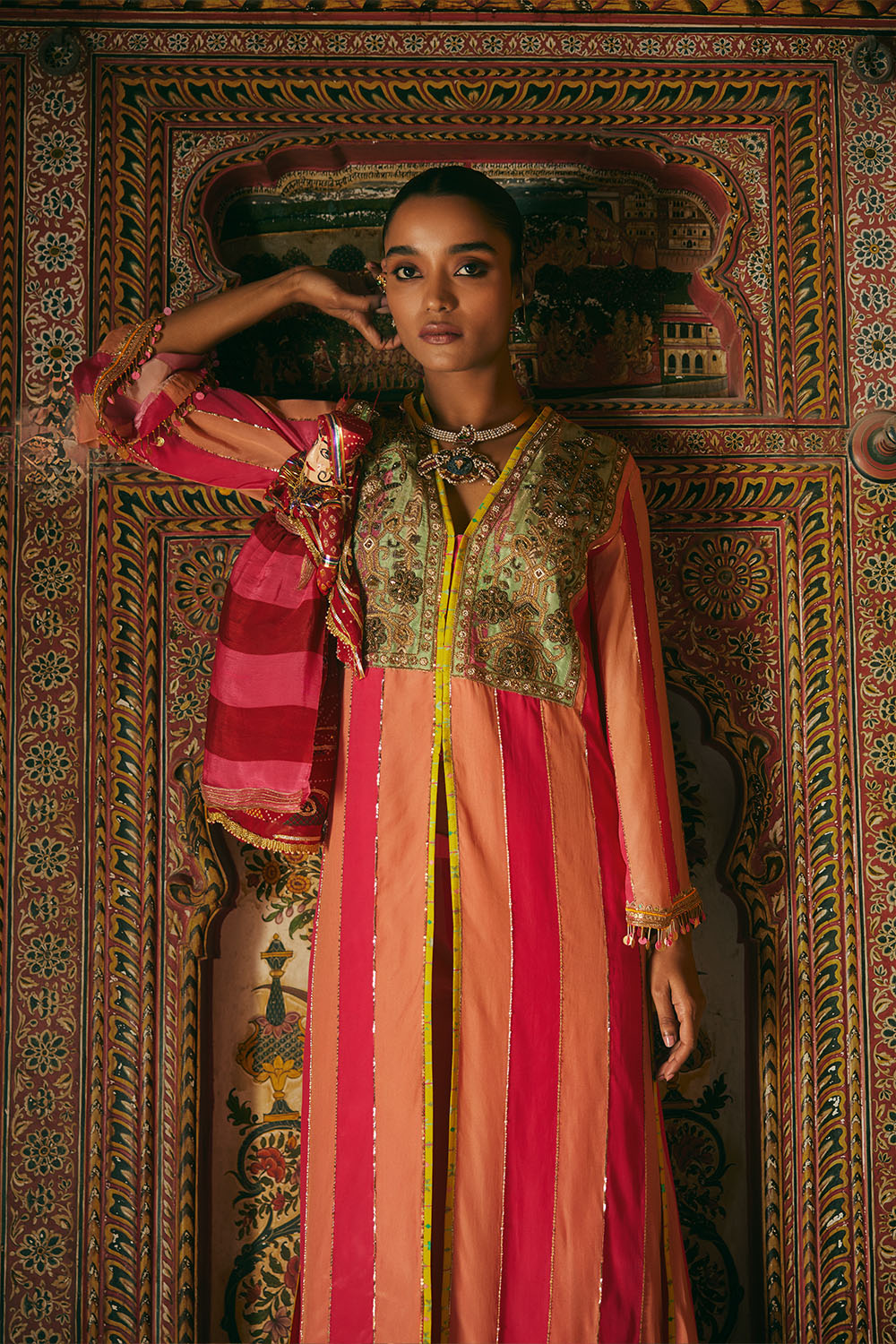Khel Pink and Pastel Yoke Embellished Jacket Kurta Set