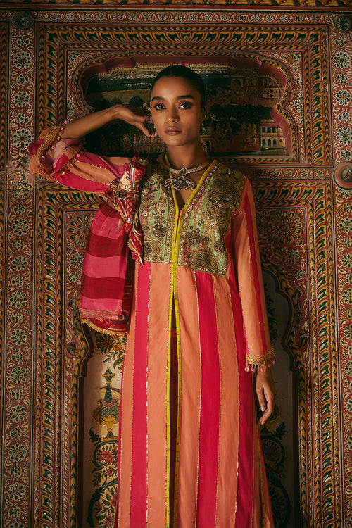 Khel Pink and Pastel Yoke Embellished Jacket Kurta Set