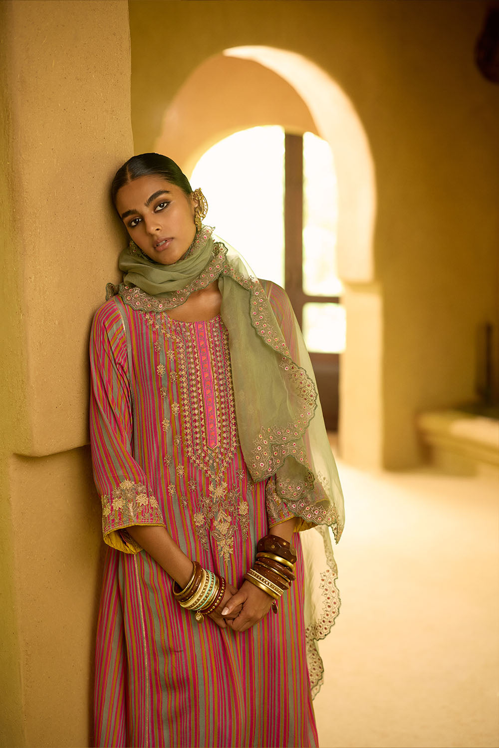 Nisbat Pink Yellow Stripe Dori Kurta Set