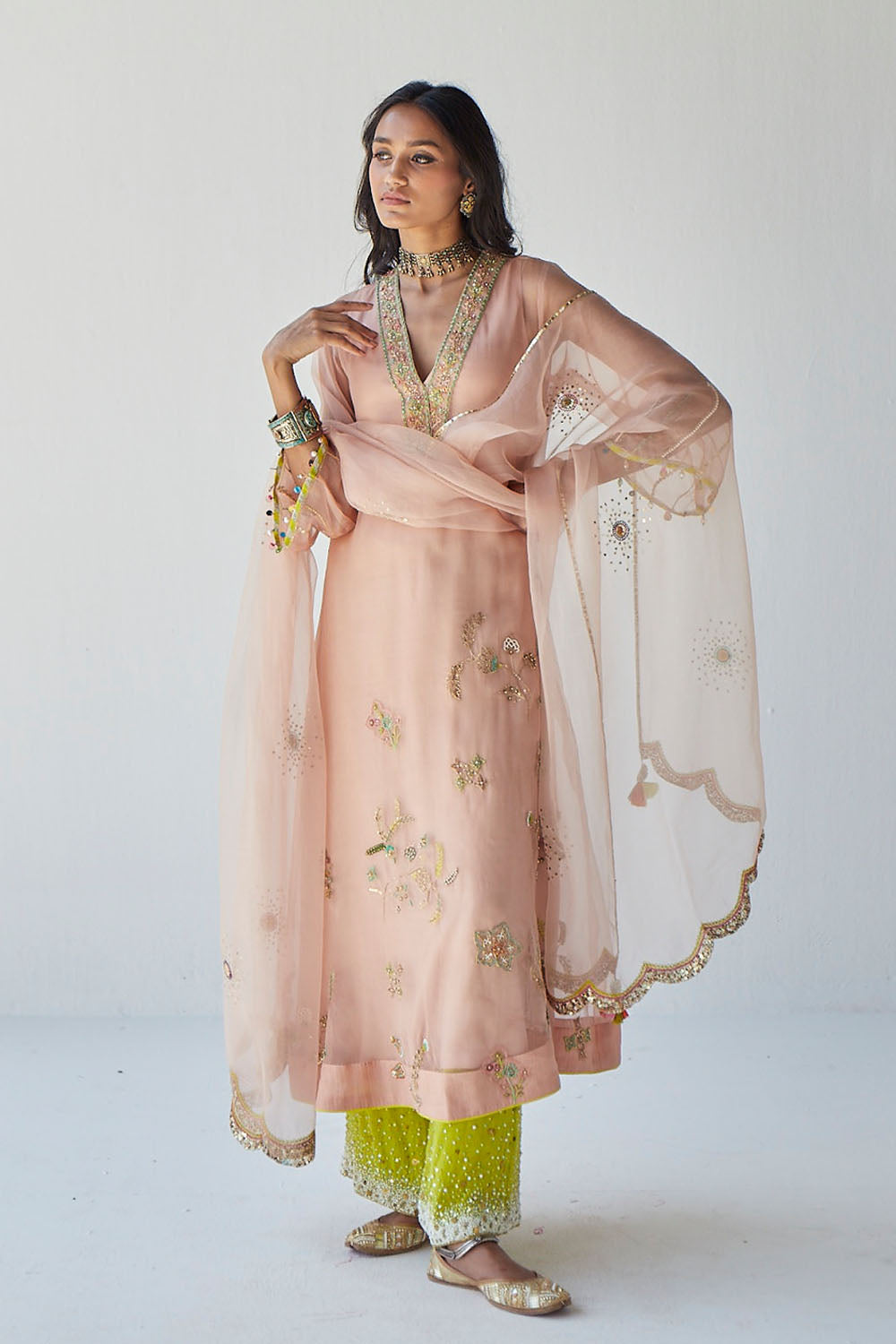 Kreethy Suresh Pastel Pink Jaal Organza Kurta Set
