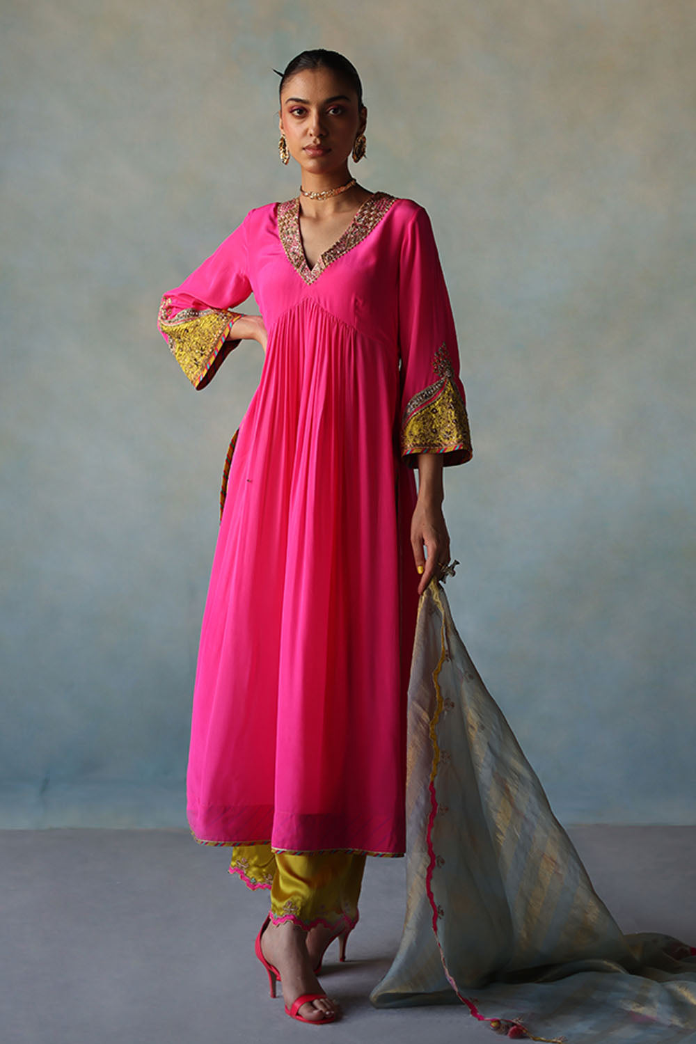 Vaani Kapoor Gul Hot Pink Bell Sleeve Crepe Kurta Set