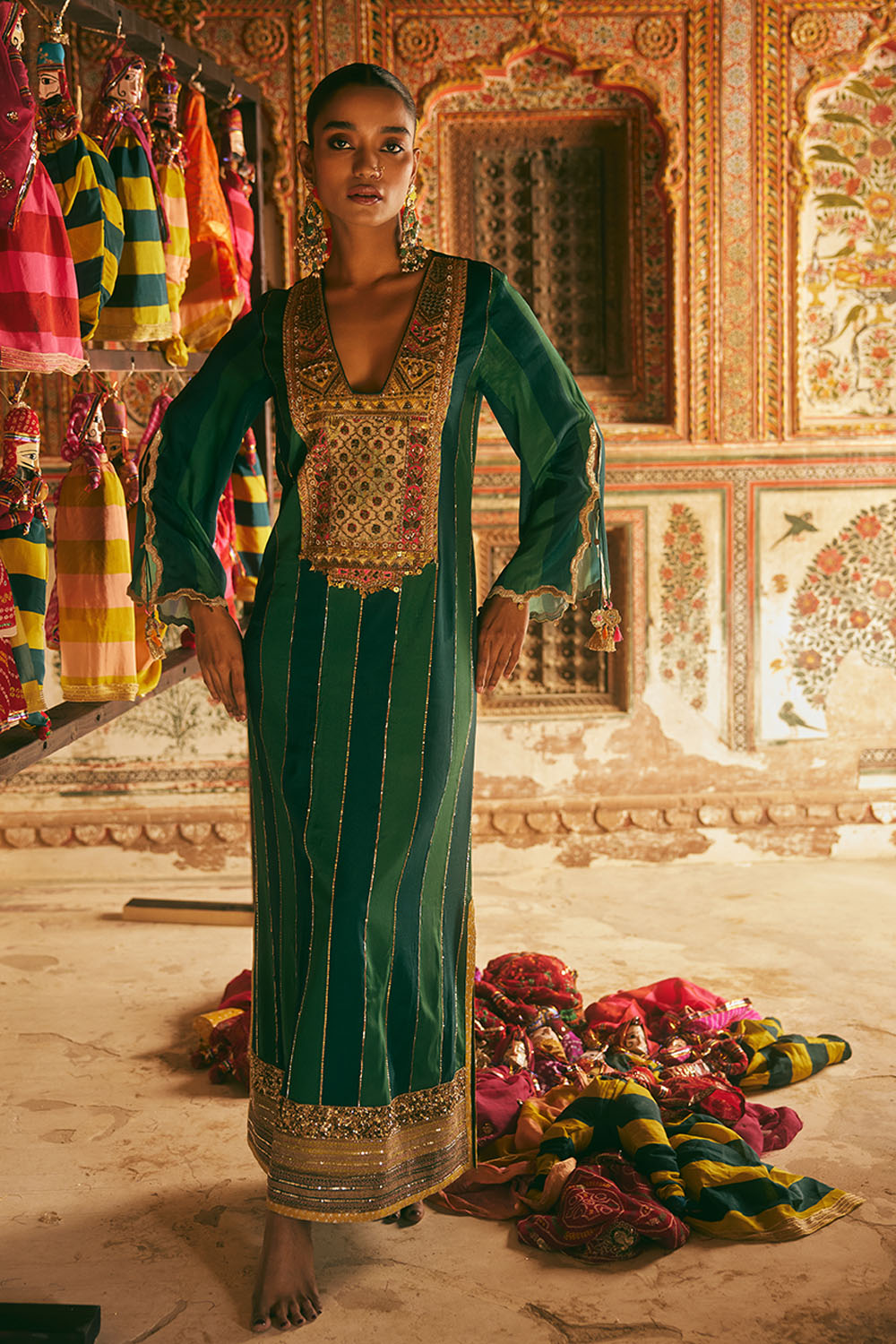 Khel Teal Green Stripe Kaftan Dress