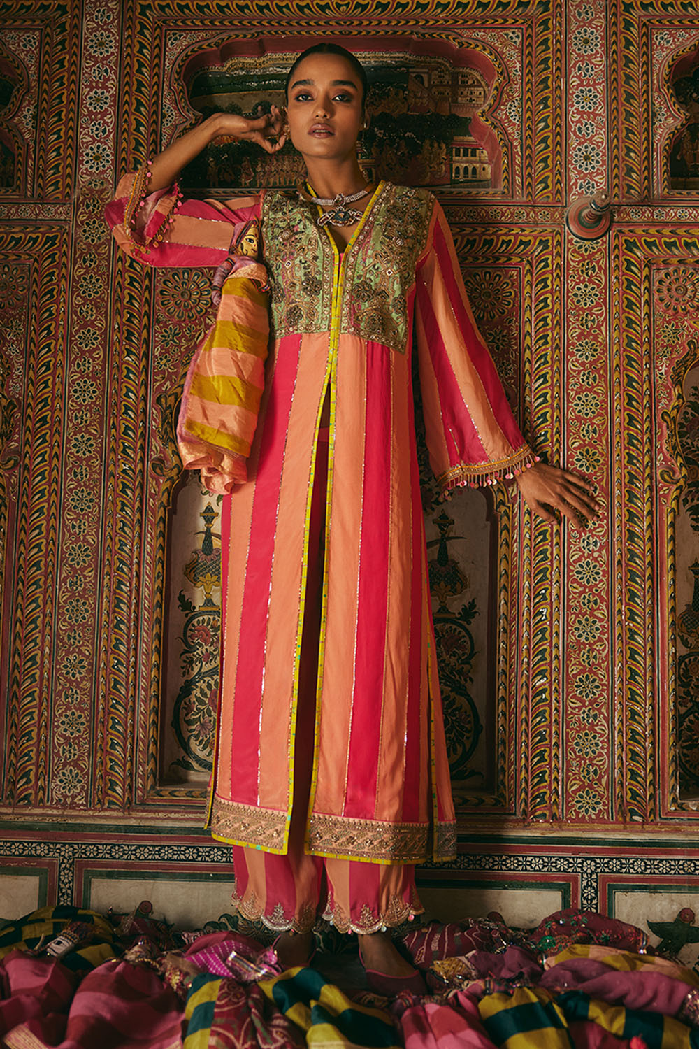 Khel Pink and Pastel Yoke Embellished Jacket Kurta Set