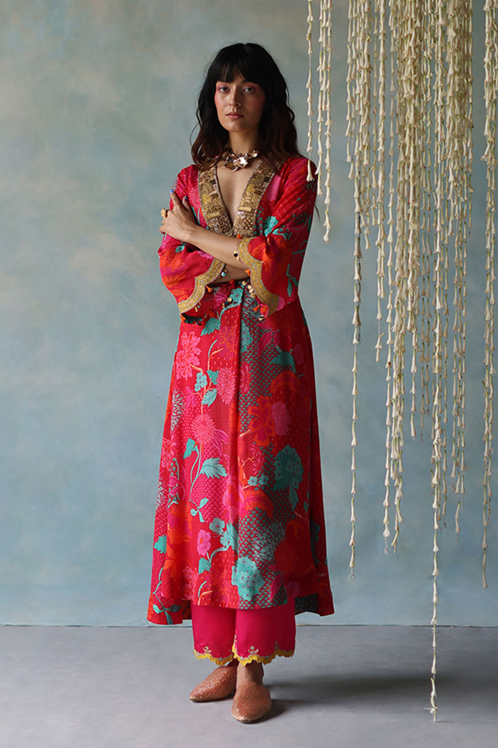 Gul Jester Red Printed Front Pleat Kurta Set