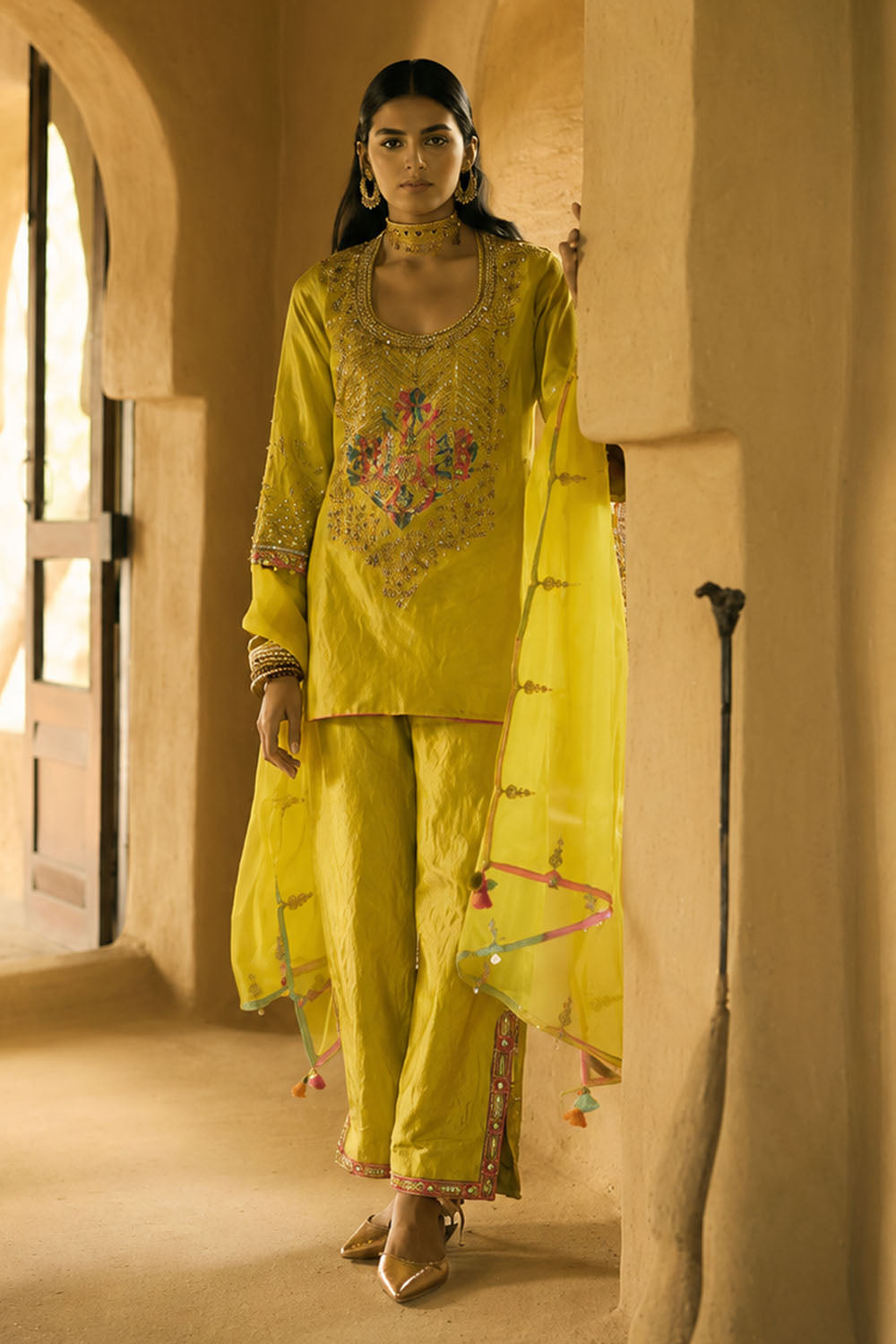 Nisbat Yellow Tissue Yoke Boota Kurta Set