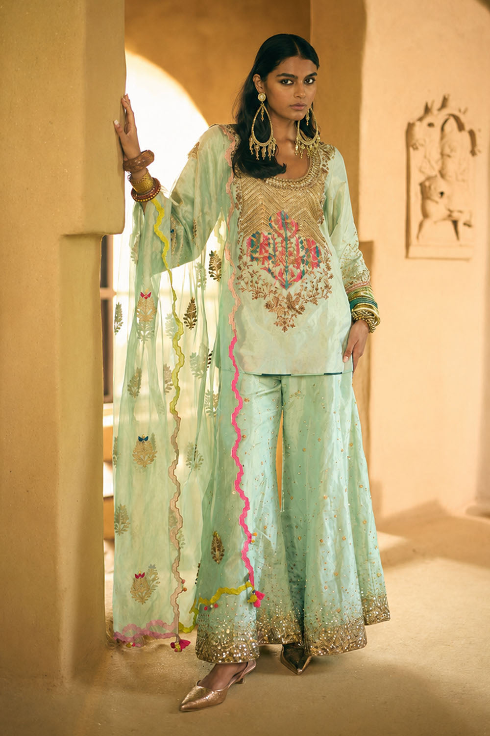 Nisbat Powder Blue Tissue Yoke Boota Sharara Set