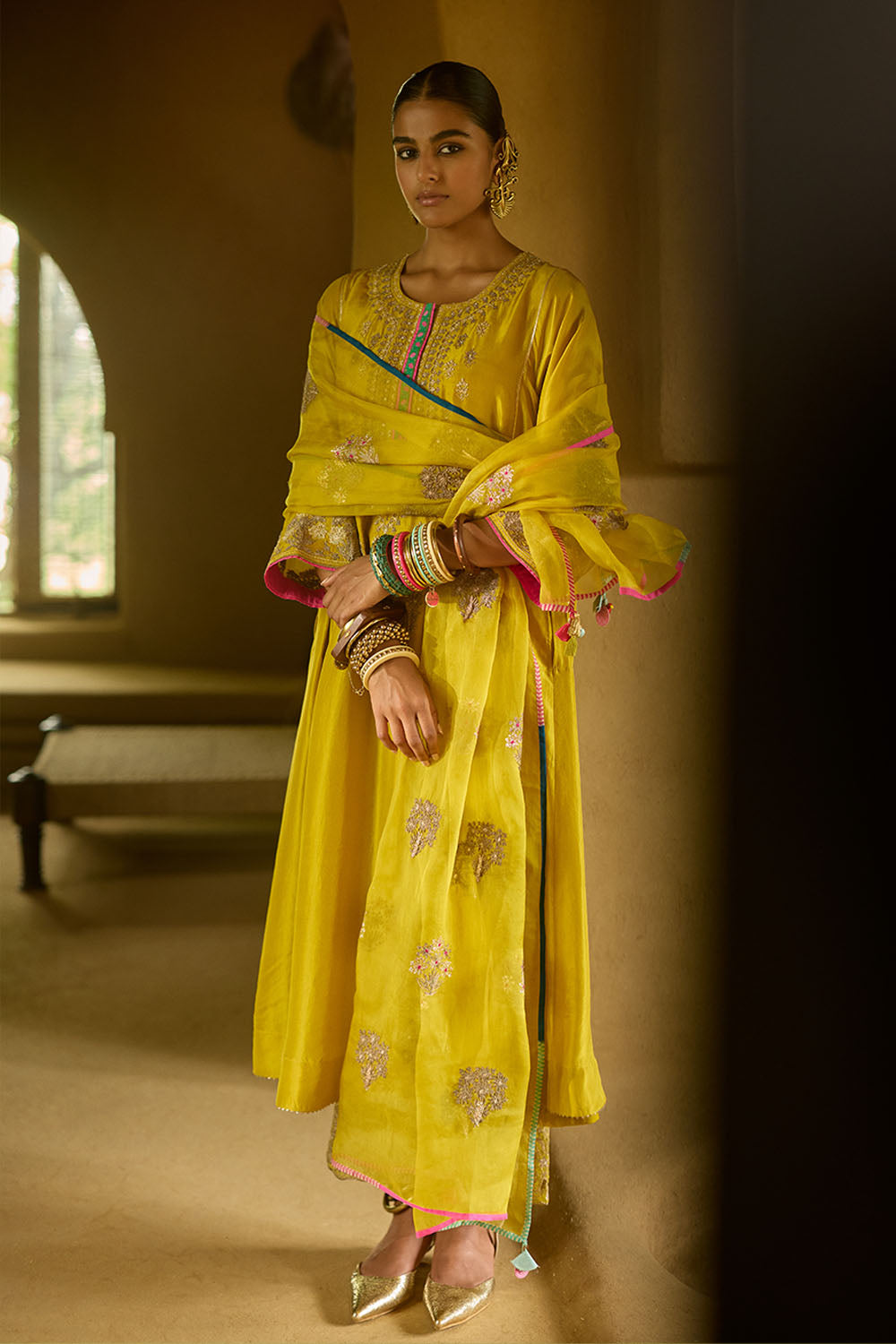 Nisbat Yellow Silk Dori Kurta Set