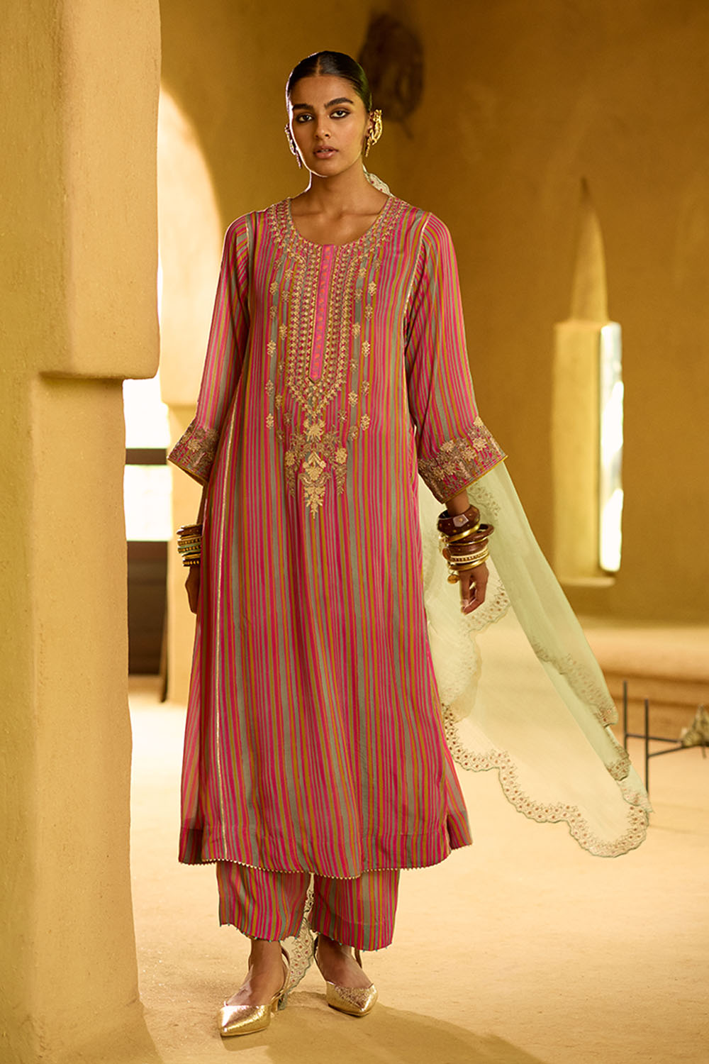 Nisbat Pink Yellow Stripe Dori Kurta Set