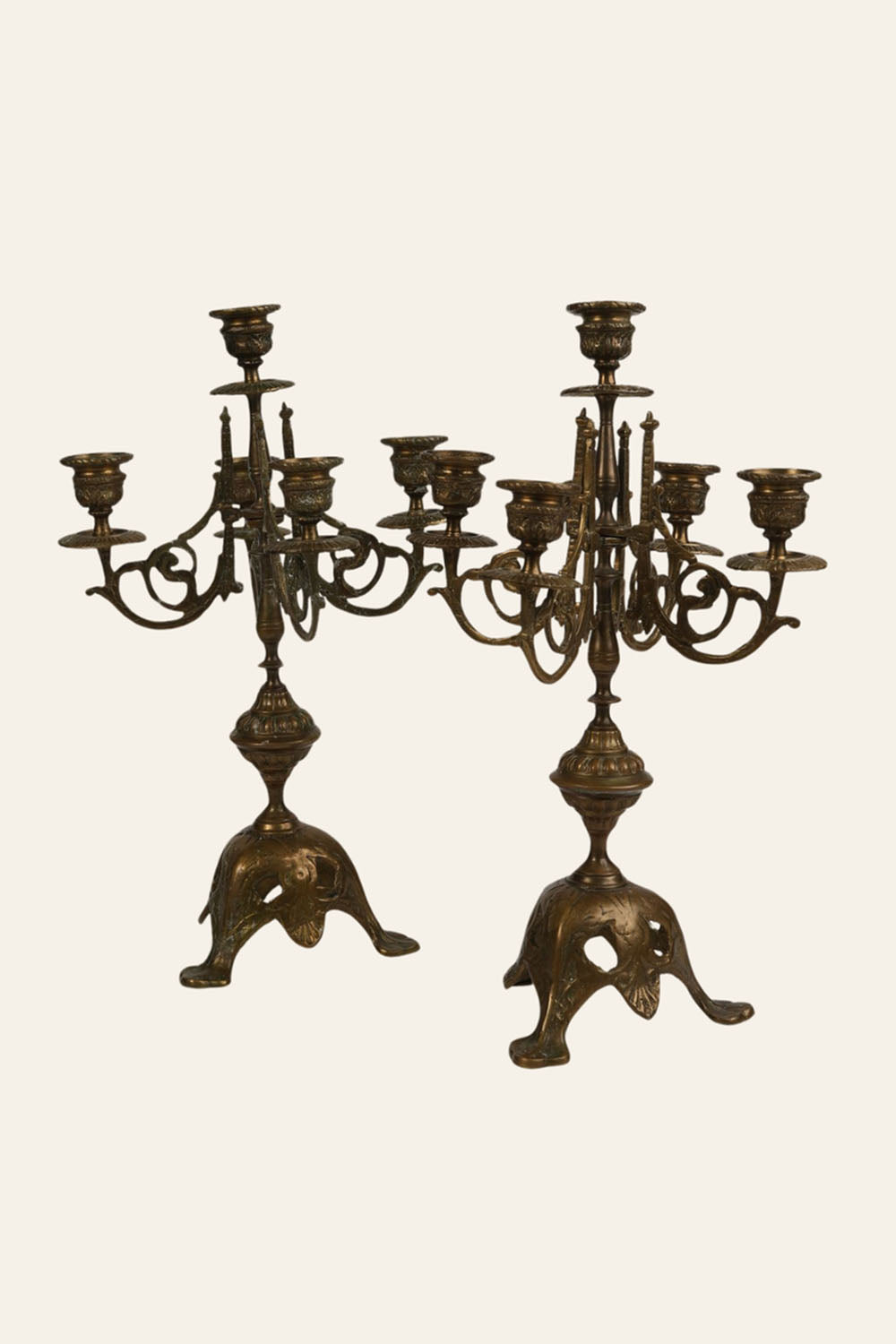 French Brass 5-Arm Candelabras, 19th Century, Set of 2