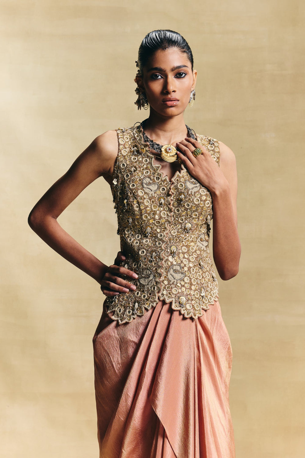 Peach Waistcoat & Drape Skirt