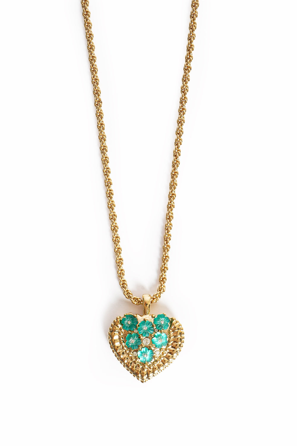 Vintage Nina Ricci Puffy Heart Turquoise Floral Pendant Necklace
