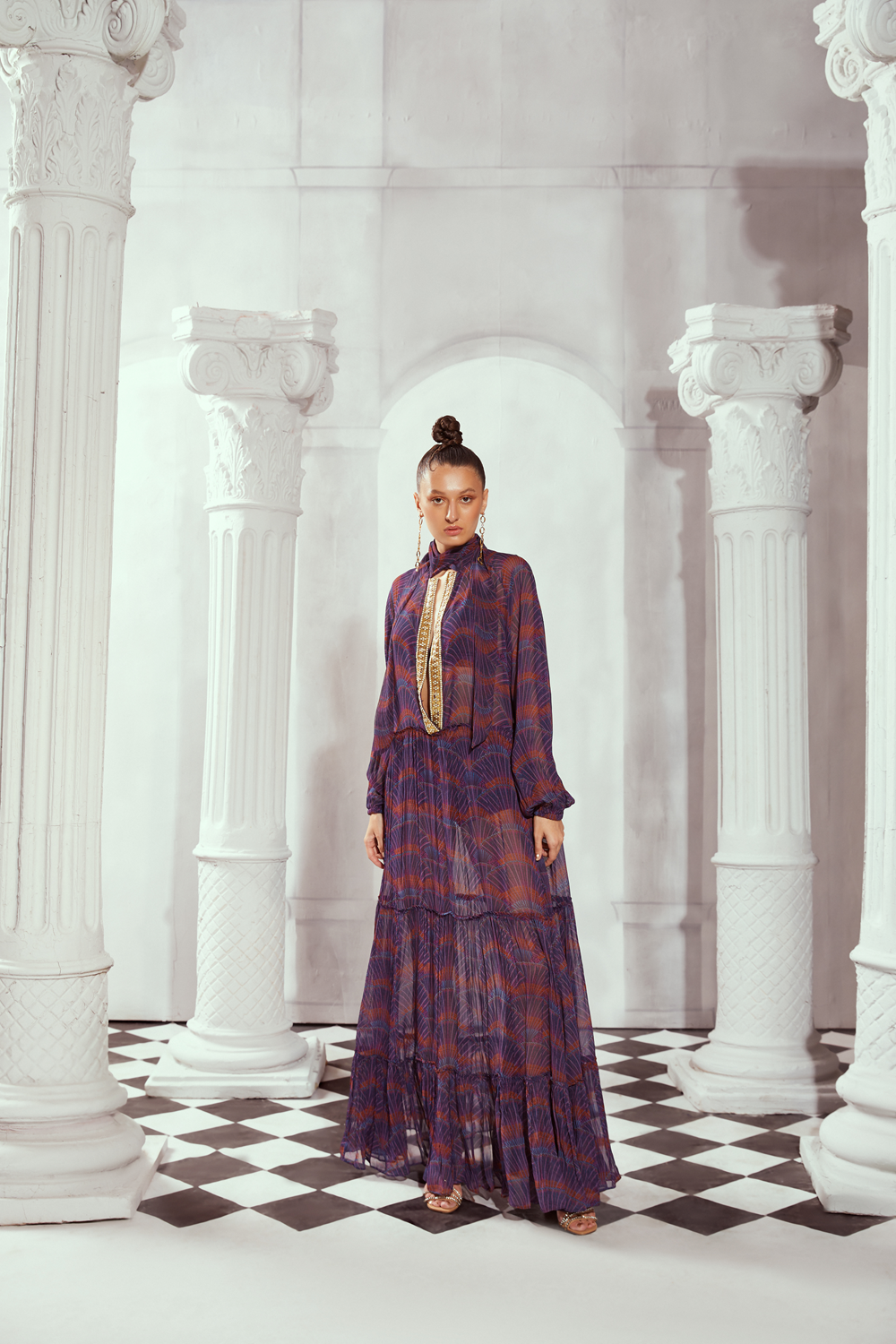 Sheer Maxi With Mosaic Brick Embroidery