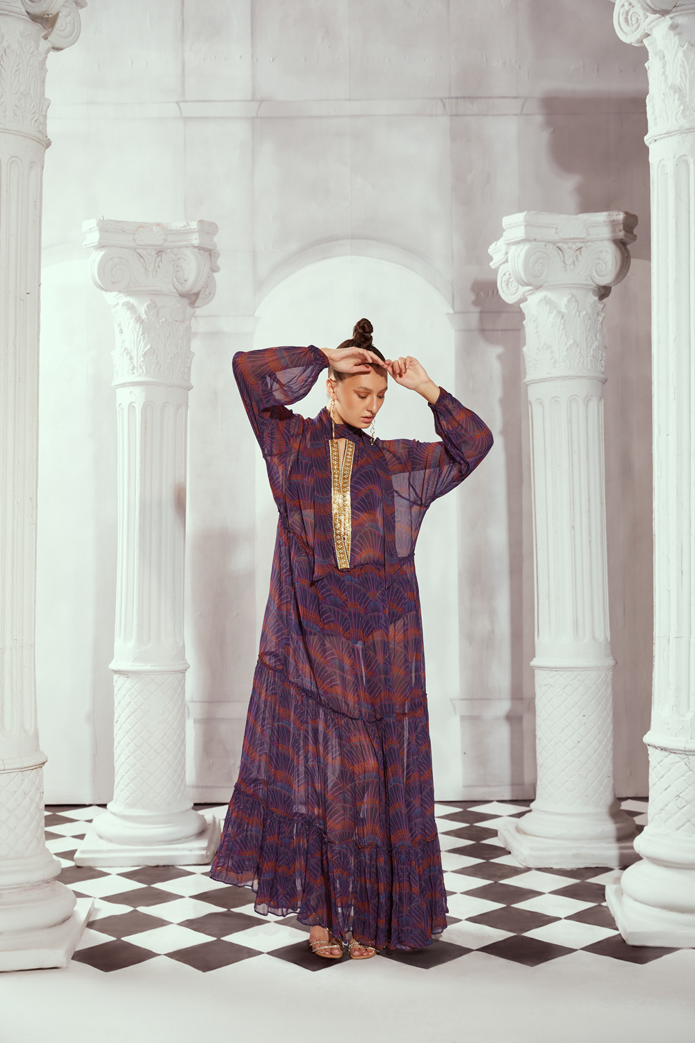 Sheer Maxi With Mosaic Brick Embroidery