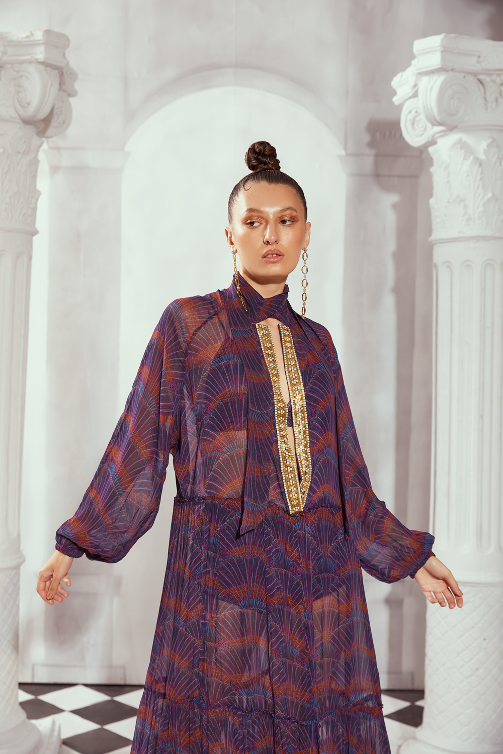 Sheer Maxi With Mosaic Brick Embroidery