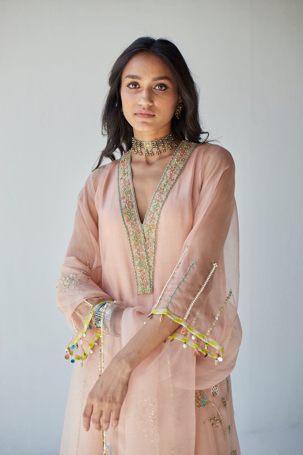 Kreethy Suresh Pastel Pink Jaal Organza Kurta Set