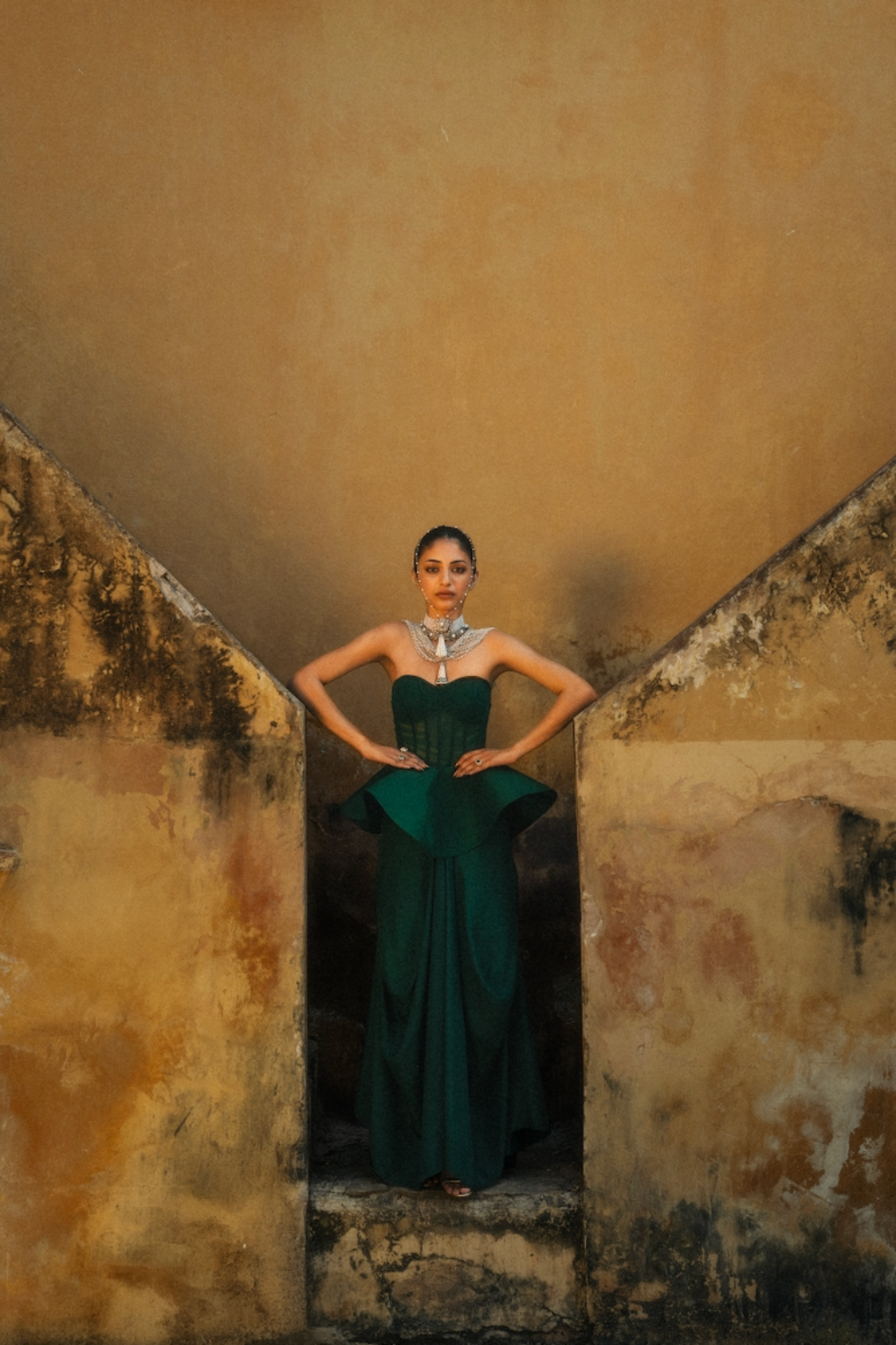 Peplum Corset and Cowl Skirt Set (Green)