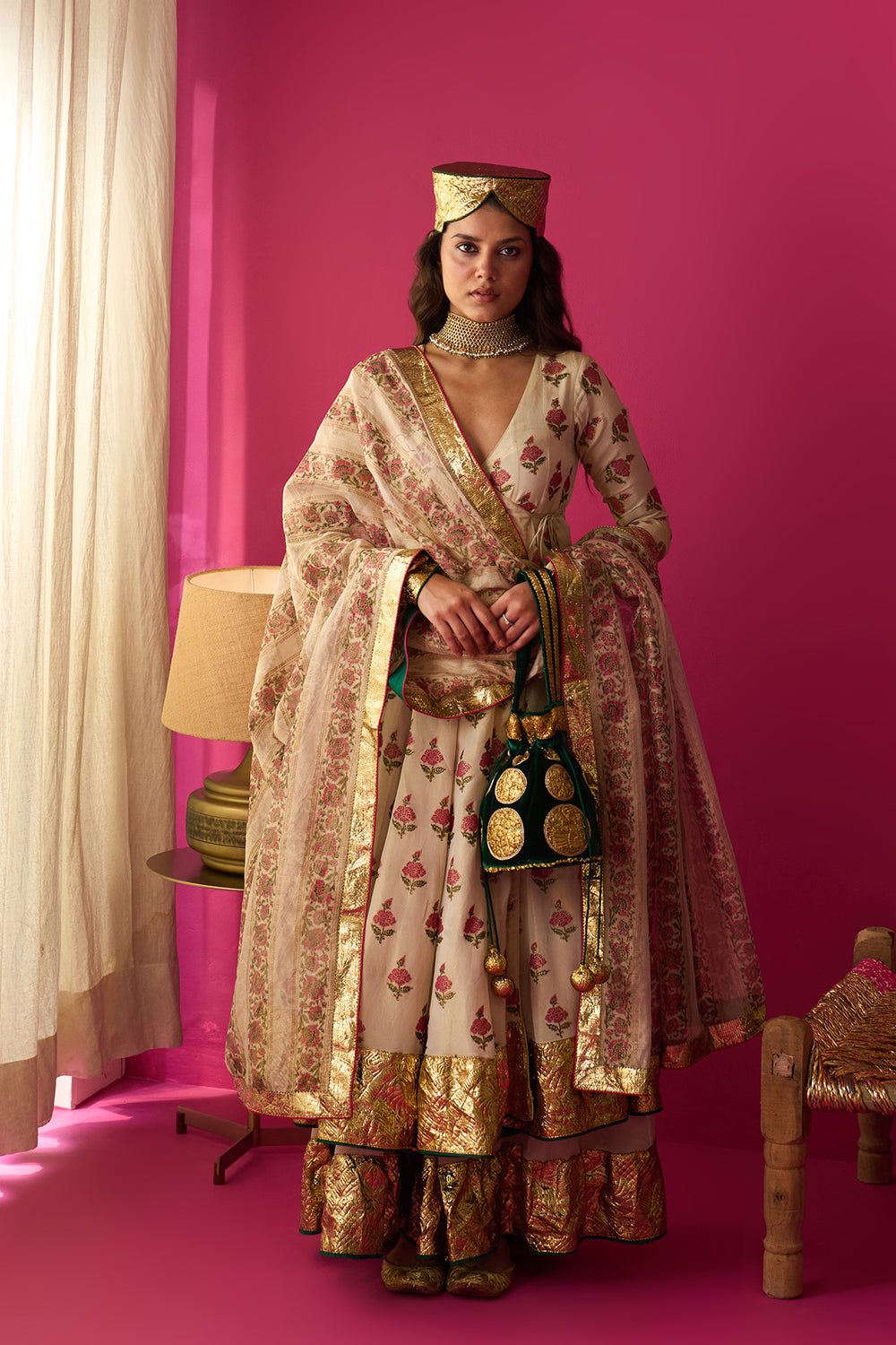 Nur Ivory block printed angrakha with sharara and dupatta (set of 3)