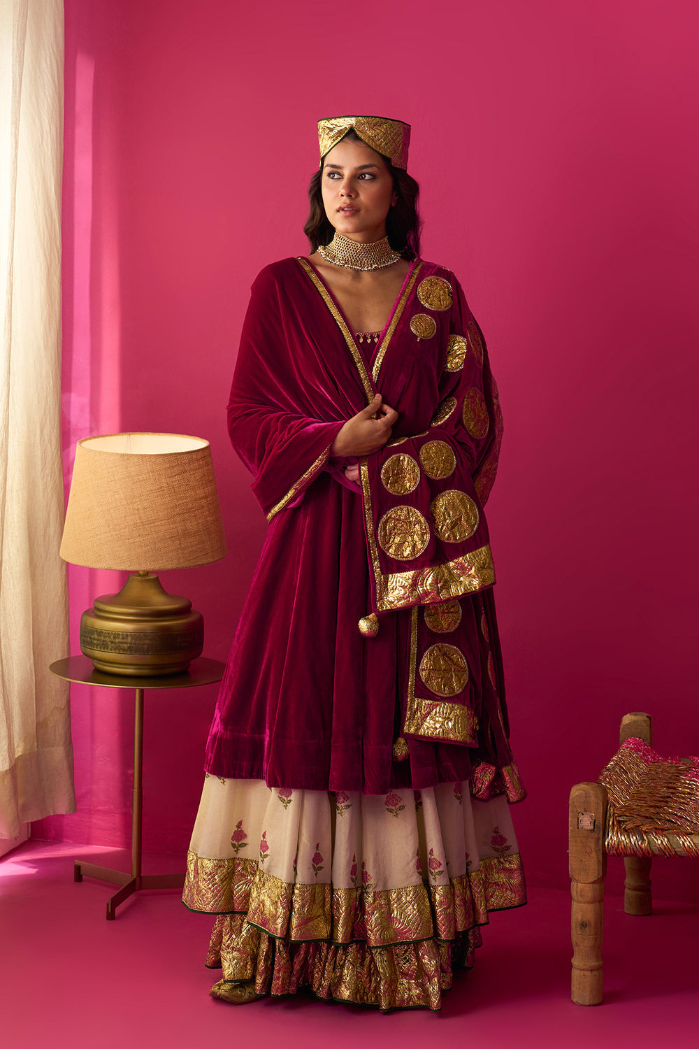 Nur Ivory block printed double layered lehenga with silk velvet kalidar kurta and shawl (set of 3)