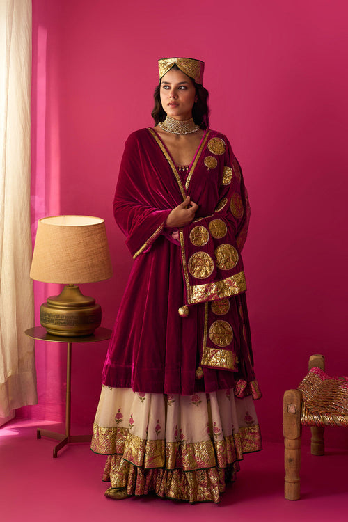 Nur Ivory block printed double layered lehenga with silk velvet kalidar kurta and shawl (set of 3)