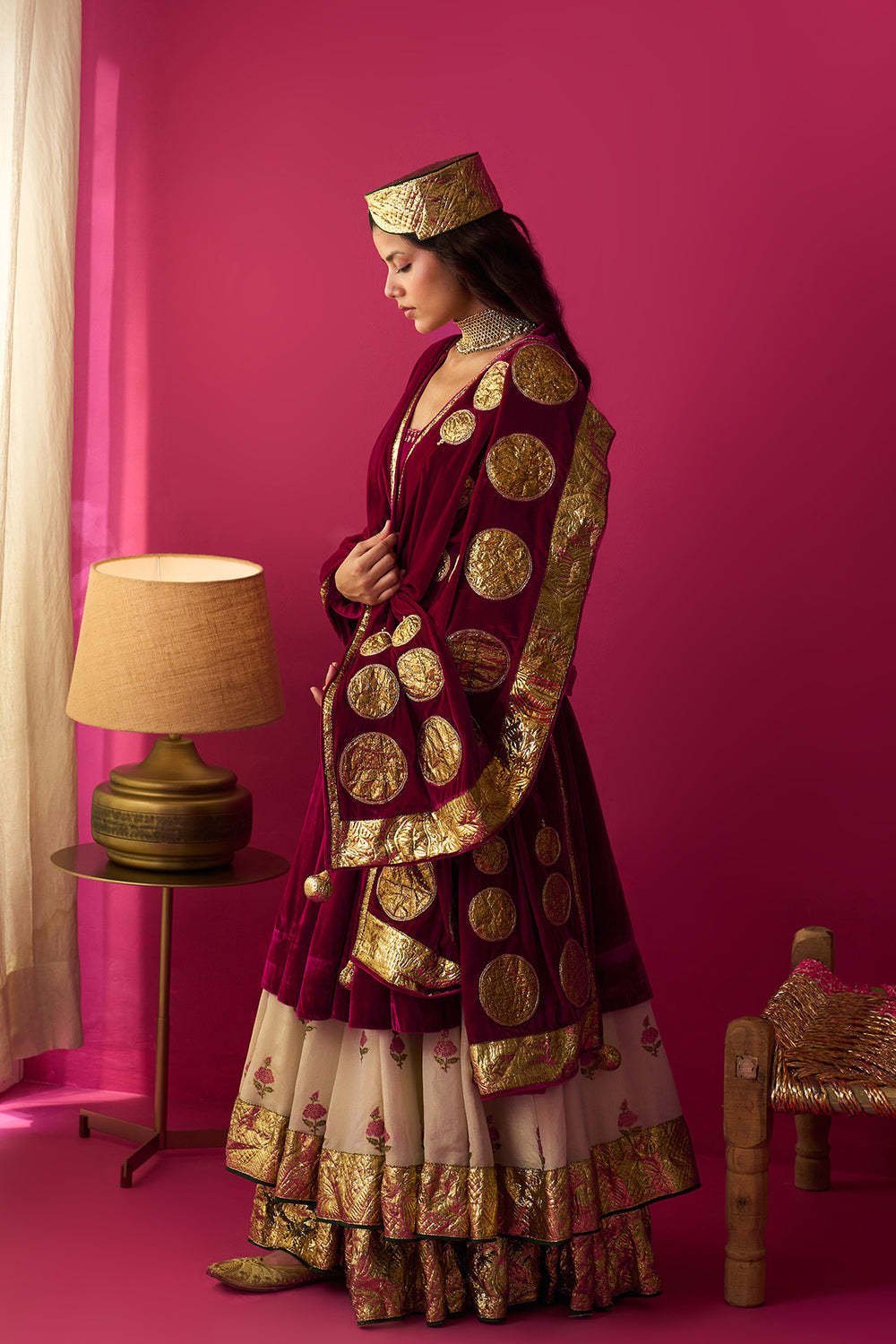 Nur Ivory block printed double layered lehenga with silk velvet kalidar kurta and shawl (set of 3)