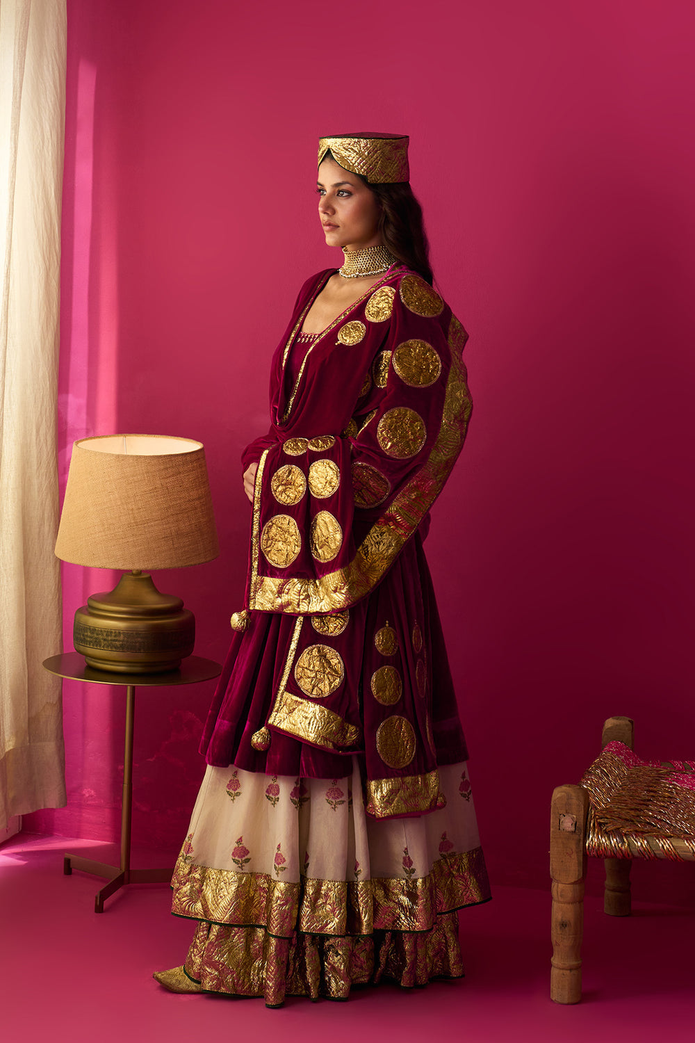 Nur Ivory block printed double layered lehenga with silk velvet kalidar kurta and shawl (set of 3)