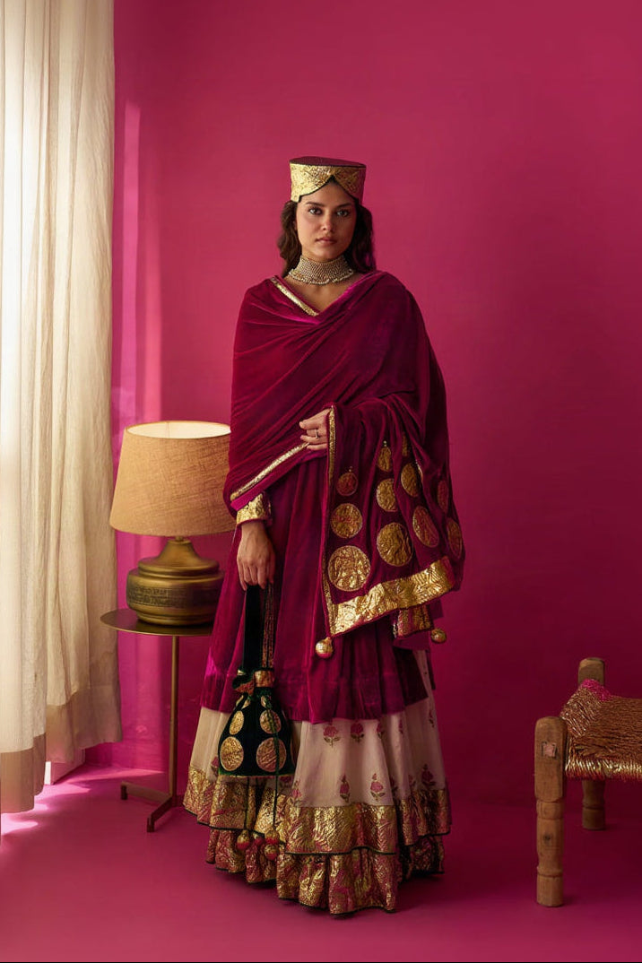 Nur Ivory block printed double layered lehenga with silk velvet kalidar kurta and shawl (set of 3)