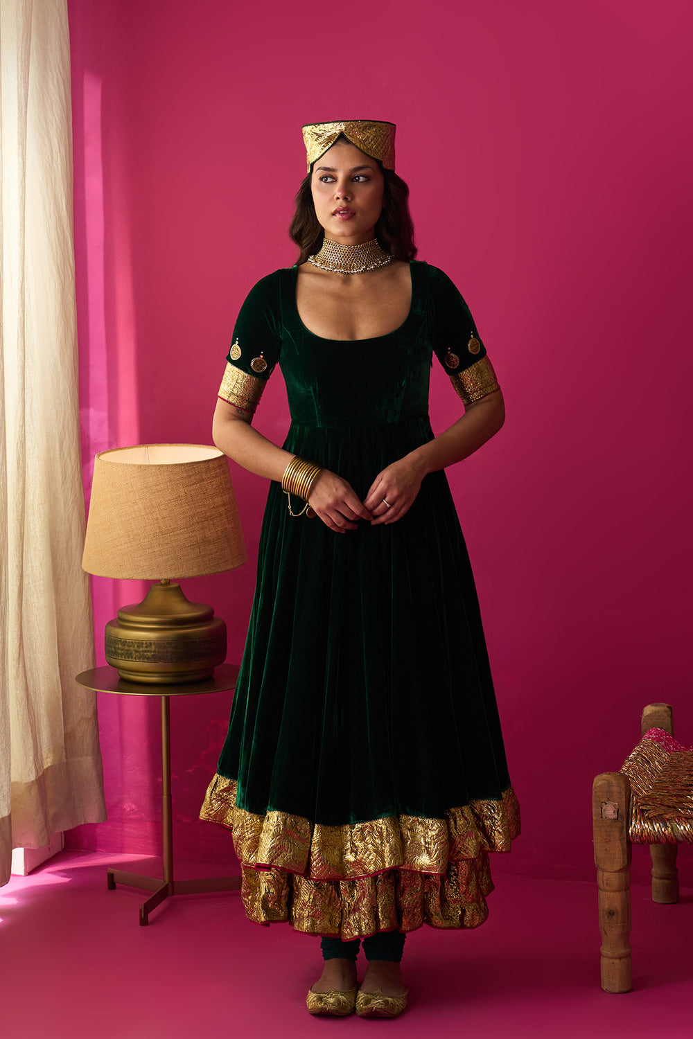 Nur green silk velvet double layer anarkali with chooridar and dupatta (set of 3)