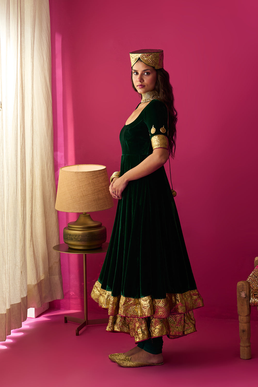 Nur green silk velvet double layer anarkali with chooridar and dupatta (set of 3)