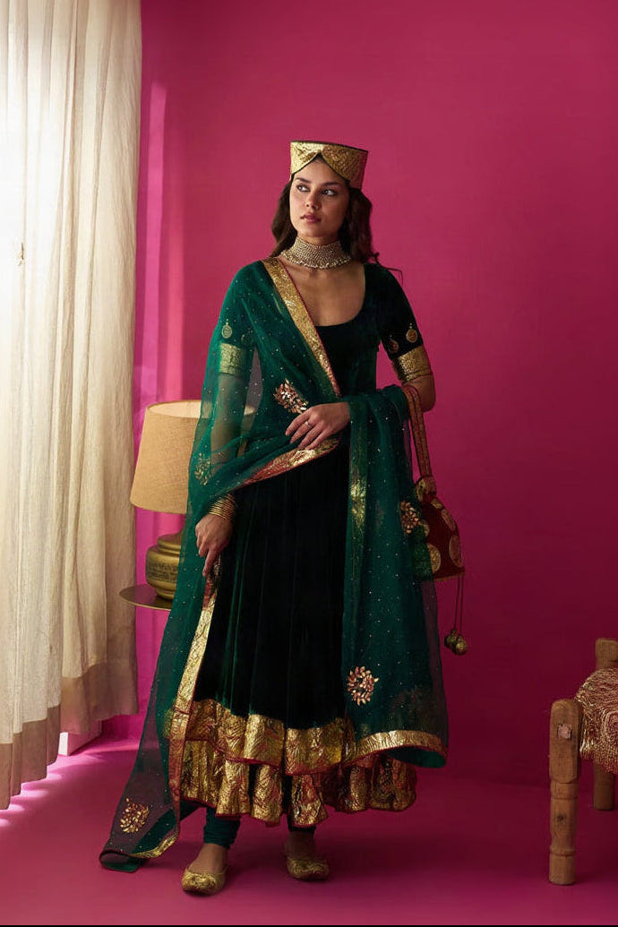 Nur green silk velvet double layer anarkali with chooridar and dupatta (set of 3)